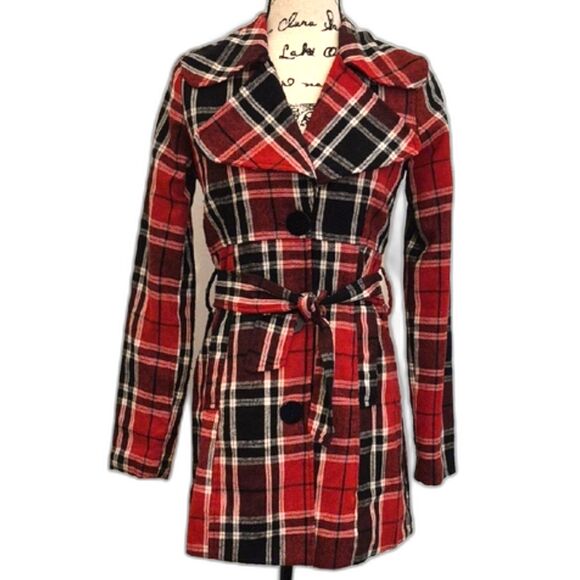 Vtg Y2K Wet Seal Plaid Peacoat S Wool Blend Belted Red Preppy Mall Goth Coat - Picture 4 of 10